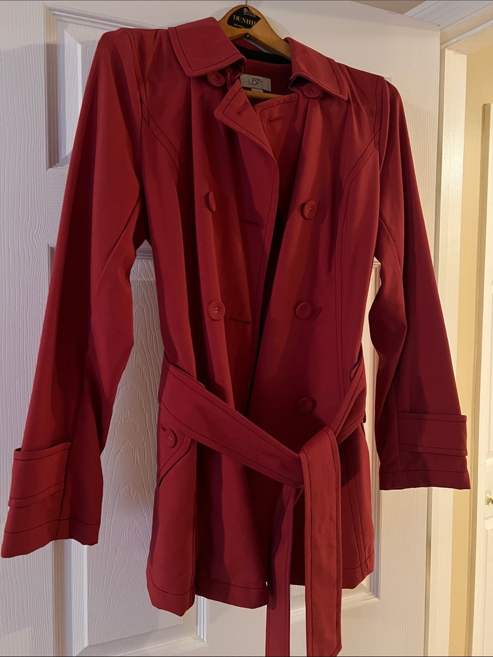LOFT Burgundy Double-Breasted Trench Coat with Self-Tie Belt